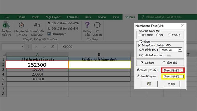 Dùng ứng dụng vnTools vừa cài đặt để đổi số thành chữ trong Excel