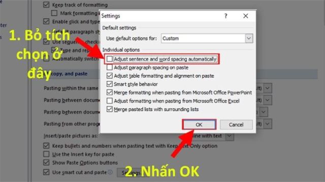 Bỏ tích chọn Adjust sentence and word spacing automatically và nhấn OK