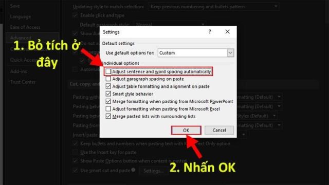 Bỏ tích chọn Adjust sentence and word spacing automatically